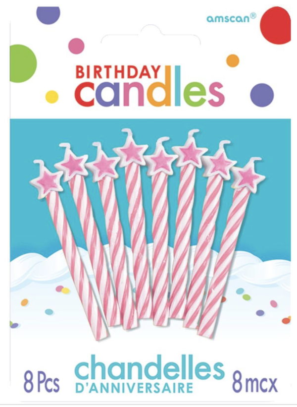 Birthday Candle – Pink Spiral Striped with Star Topper ~ 8 per pack